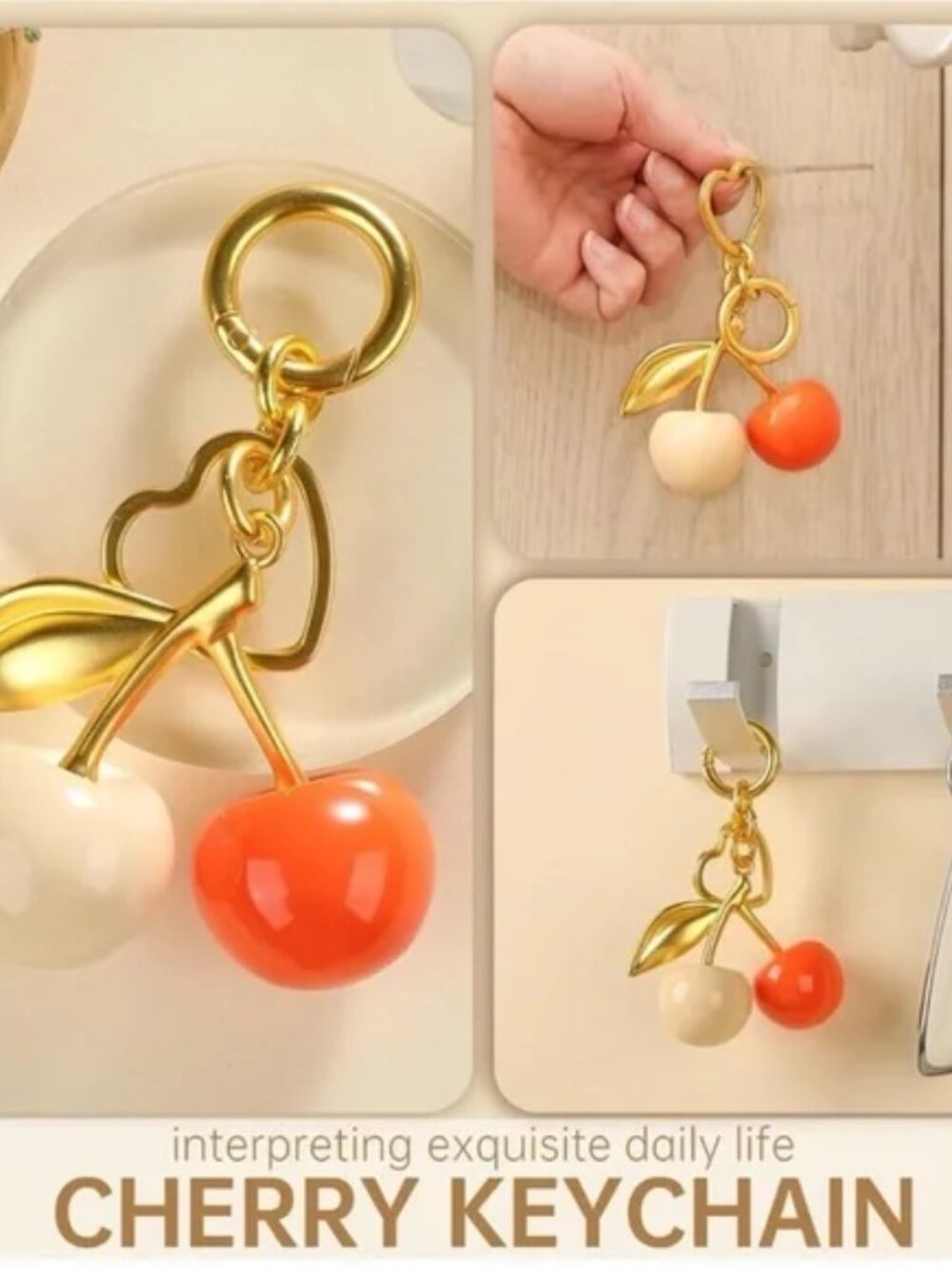Bag Charm Keychain Purse Gold and Orange Cherry 4.5x3in NEW